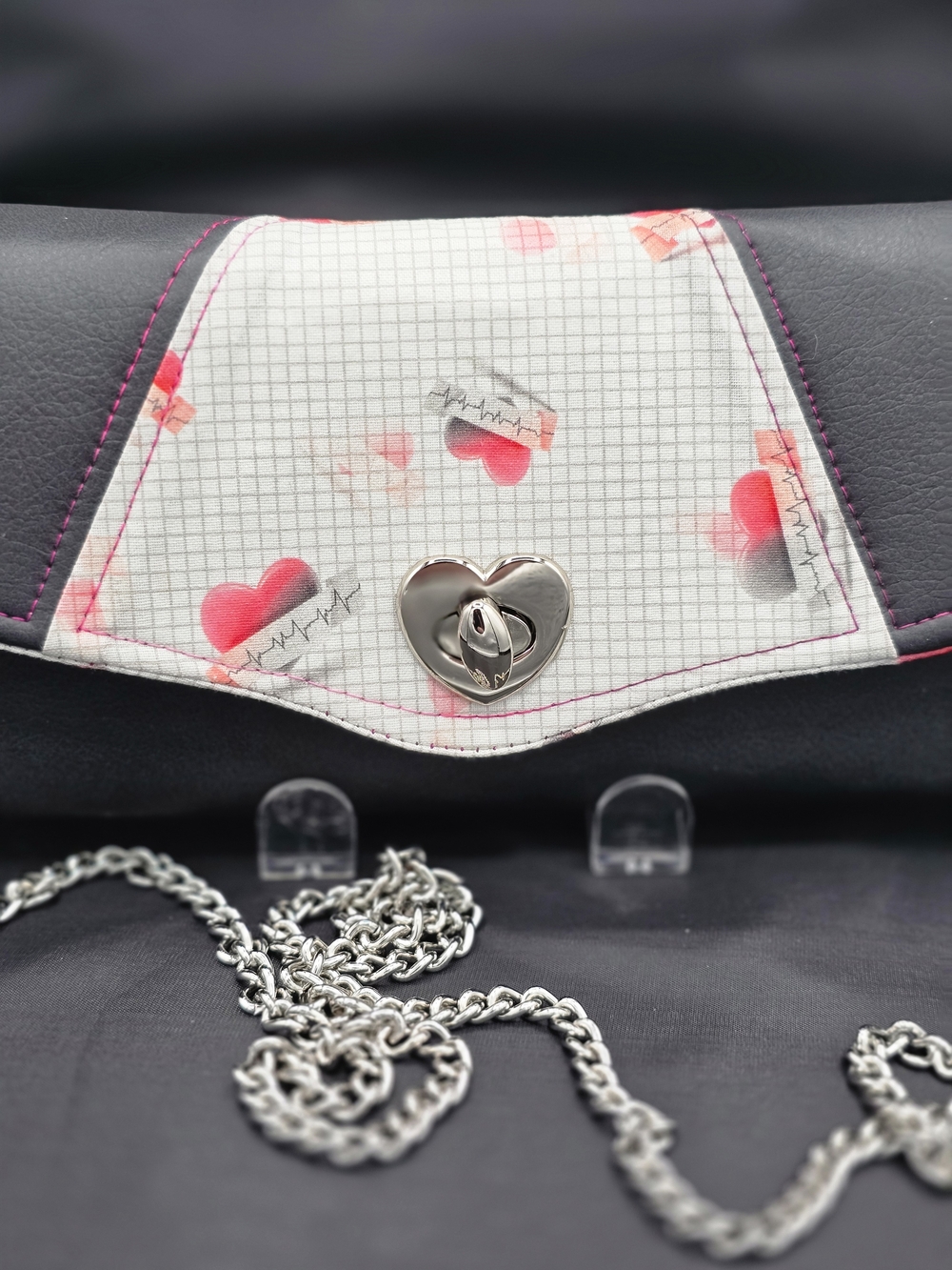 Fabric Handmade Clutch With Removable Chain Strap. Doctor Nurse Heart Patient